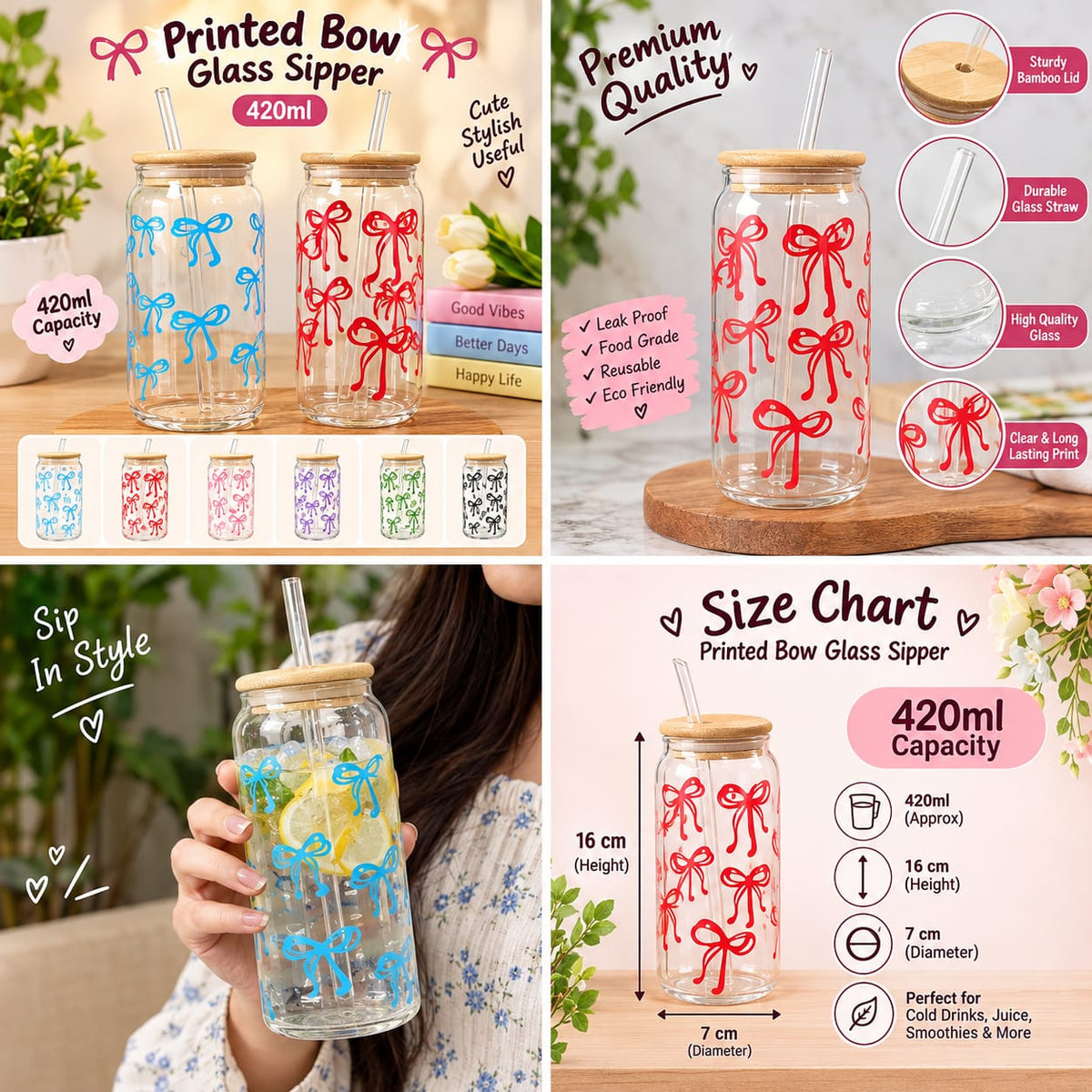 *Printed Bow Glass sipper* 420ml