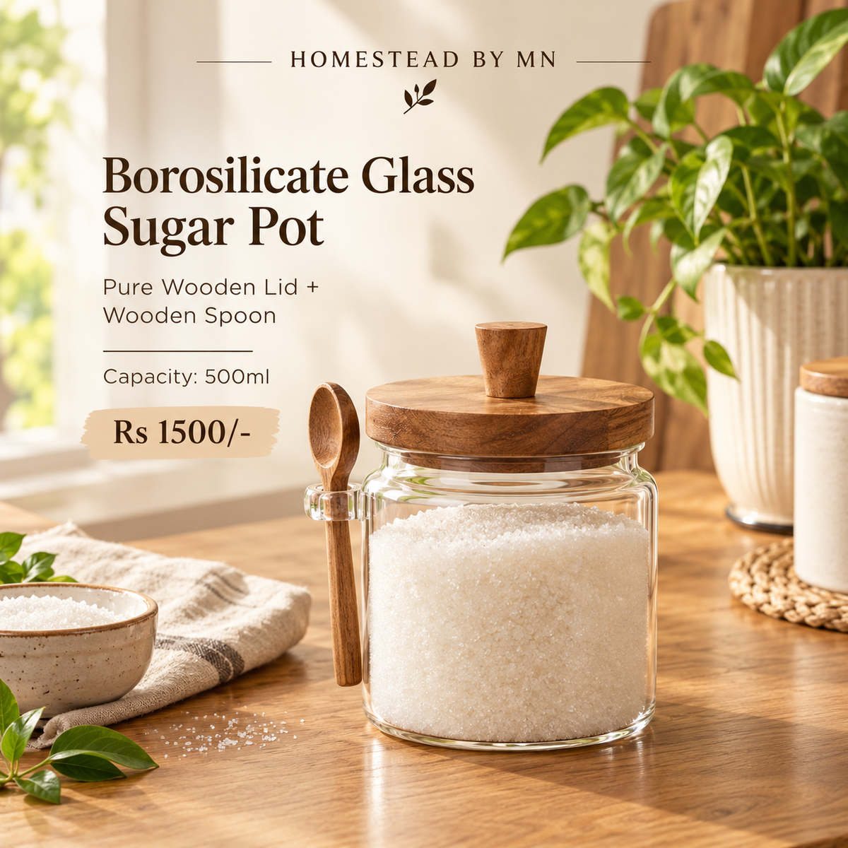 1pc Borosalicate Fine Glass with Pure Wooden Lid Sugar pot with wood spoon
Capacity 500ml
