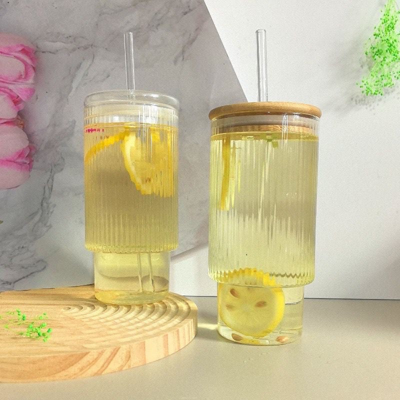 Transparent Strip Glass Cup With Bamboo Lid, And With Straw