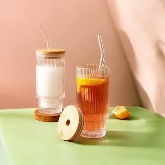 Transparent Strip Glass Cup With Bamboo Lid, And With Straw