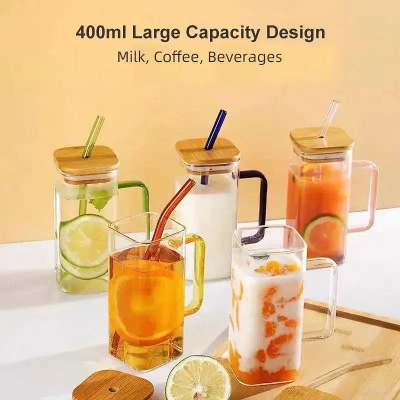 Square Coffee Mug With Wooden Top And Straw, 400ml with handle