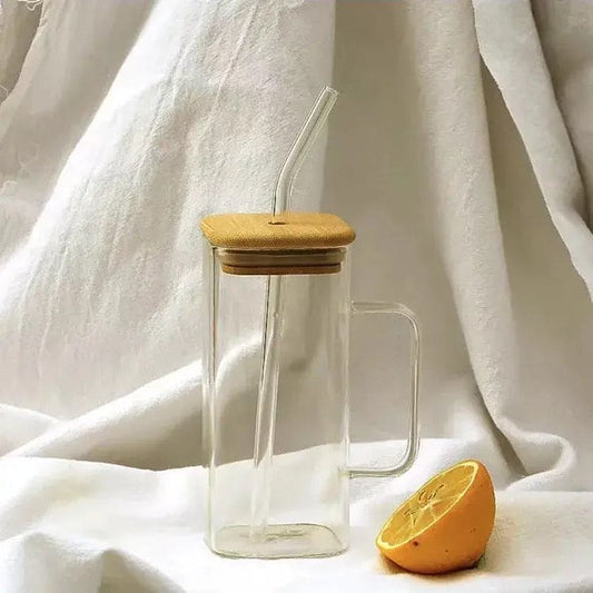 Square Coffee Mug With Wooden Top And Straw, 400ml with handle