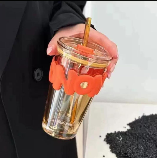 Glass water cup with straw 450ml