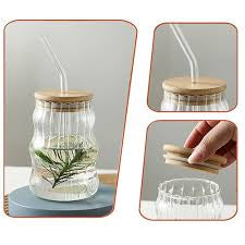 Ribbed Glass Cup With Lid And Straw