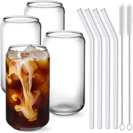 400ml Glass Cups with Bamboo Lids and Glass Straw