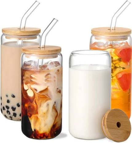 400ml Glass Cups with Bamboo Lids and Glass Straw