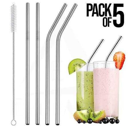 Pack of 5 steel straw + cleaning brush