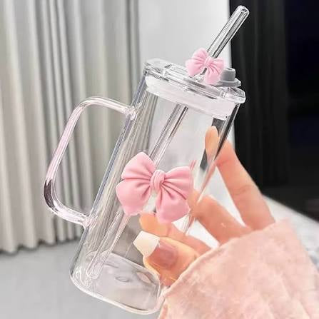 1pc Cute Bow Glass Cup with Handle and Straw Lid