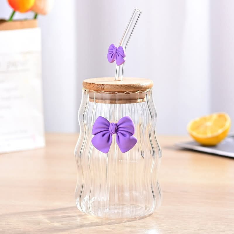 Bow Pattern Glass Tumbler with Wooden Lid & Glass Straw