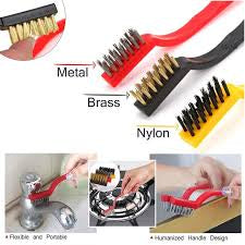 3Pc Wire Brush Cleaning Tool Set (Brass, Nylon, Stainless Steel Bristles)