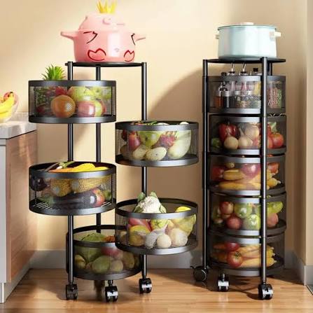 Kitchen Storage Rotating Rack in White- Premium Round Metal Trolley with 360°