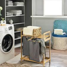 Wooden Grey Pull Out Double Laundry Basket With Shelf Brown