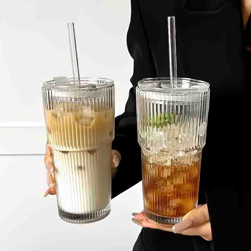 600ml Stripe Glass Cup with Lid and Straw Transparent Drinking Glasses for Juice Water and Iced Coffee Cups Mug Drinkware