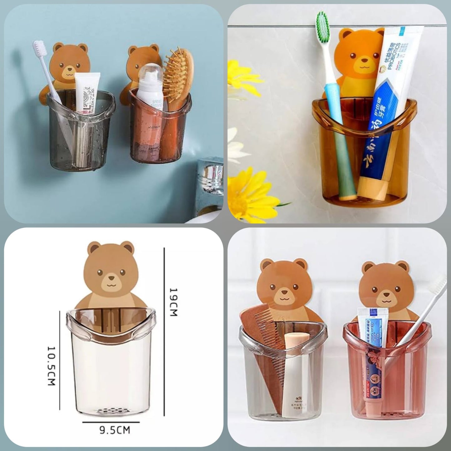 Wall Mounted Cute Teddy Bear Design Toothbrush Holder For Bathroom Sink Self Adhesive