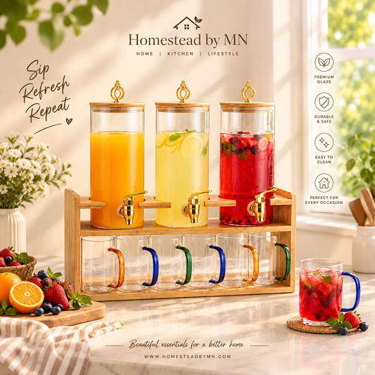 Elegant Beverage Serving Rack with 3
 Dispensers, Luxury Juice & Lemonade Serving Station, Beverage Dispenser with 6pcs Cup set