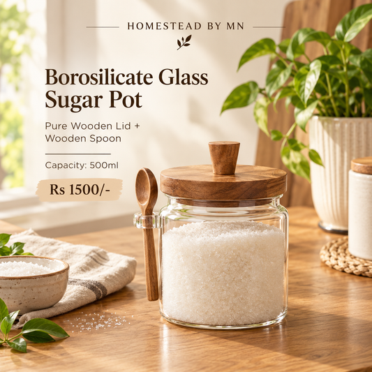 1pc Borosalicate Fine Glass with Pure Wooden Lid Sugar pot with wood spoon 
Capacity 500ml
