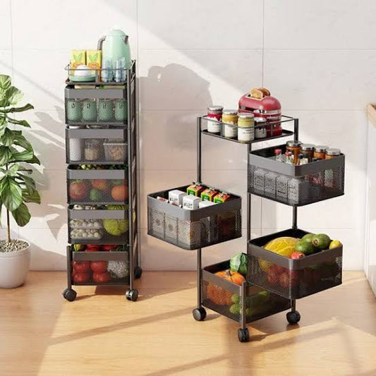 Rotating square kitchen storage trolly