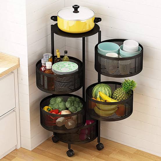 Rotating round kitchen storage trolly