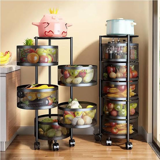 Rotating round kitchen storage trolly