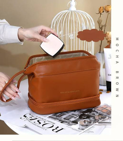 Double layer leather cosmetic pouch