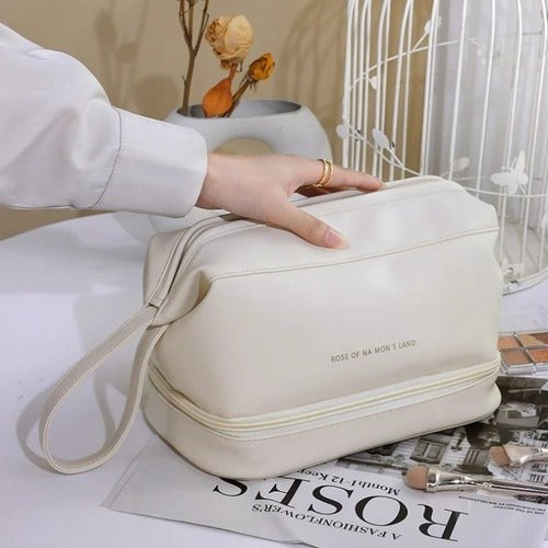 Double layer leather cosmetic pouch