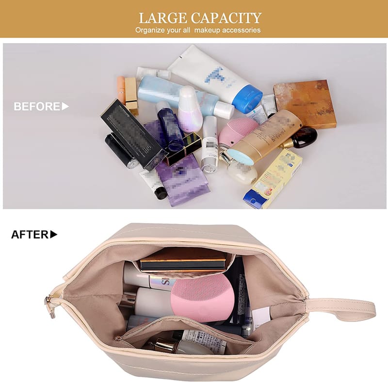 Double layer leather cosmetic pouch