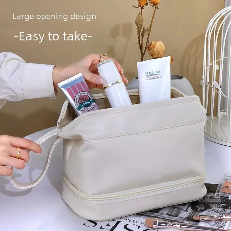 Double layer leather cosmetic pouch