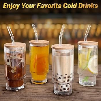 Transparent Strip Glass Cup With Bamboo Lid, And With Straw