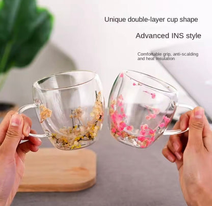 250ml Dry Flowers Double Wall Glass Cup, Transparent Espresso Glass Cup, Double Wall Glass Cup With Handle