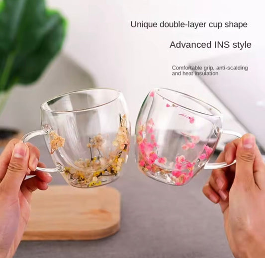 250ml Dry Flowers Double Wall Glass Cup, Transparent Espresso Glass Cup, Double Wall Glass Cup With Handle