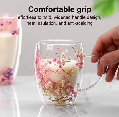 250ml Dry Flowers Double Wall Glass Cup, Transparent Espresso Glass Cup, Double Wall Glass Cup With Handle