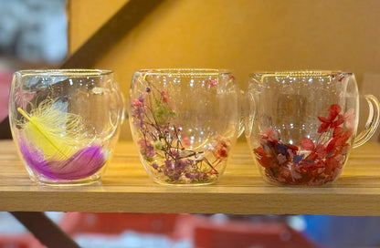 250ml Dry Flowers Double Wall Glass Cup, Transparent Espresso Glass Cup, Double Wall Glass Cup With Handle