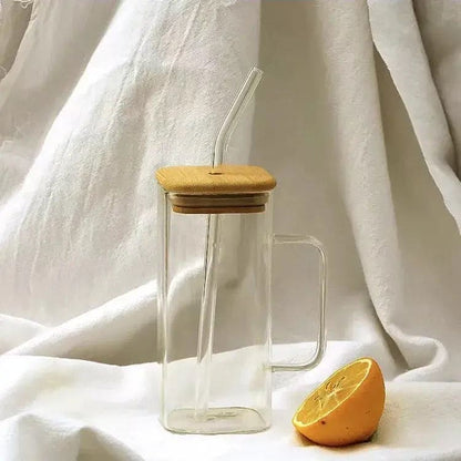 Square Coffee Mug With Wooden Top And Straw, 400ml with handle