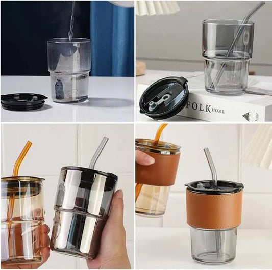 Glass Coffee Mug With Lid and Leather Sleeve