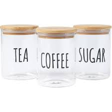 Tea coffee sugar transparent jar 3pcs set with wooden tray
