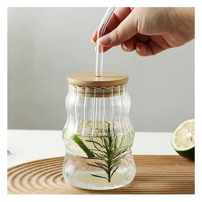 Ribbed Glass Cup With Lid And Straw