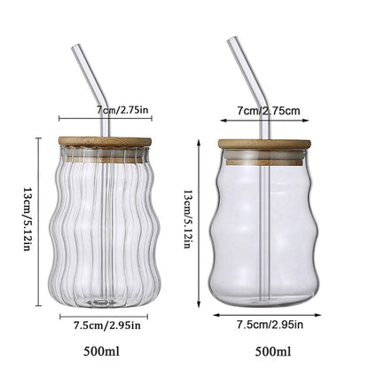 Ribbed Glass Cup With Lid And Straw