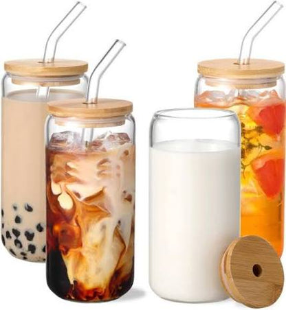 400ml Glass Cups with Bamboo Lids and Glass Straw