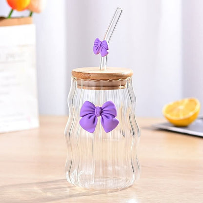 Bow Pattern Glass Tumbler with Wooden Lid & Glass Straw