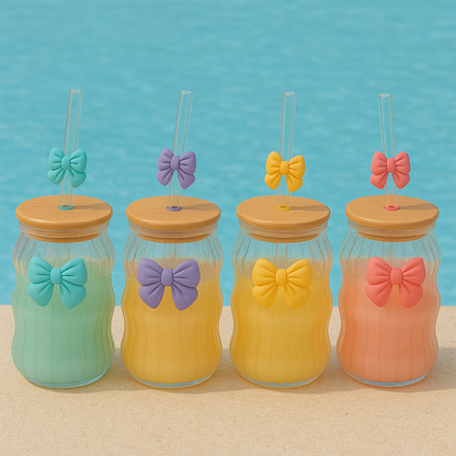 Bow Pattern Glass Tumbler with Wooden Lid & Glass Straw