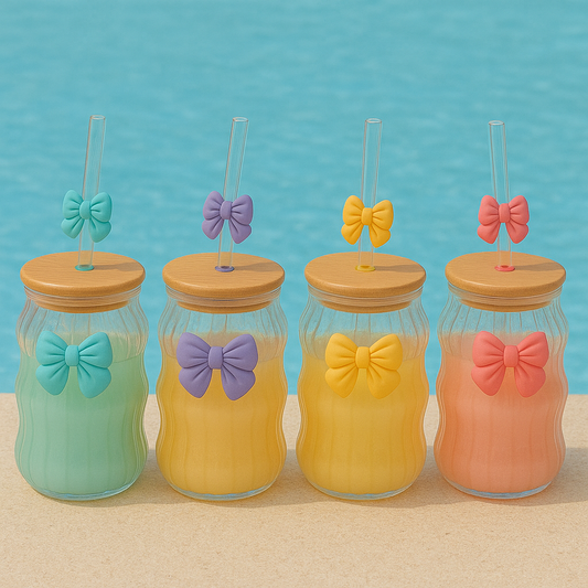 Bow Pattern Glass Tumbler with Wooden Lid & Glass Straw