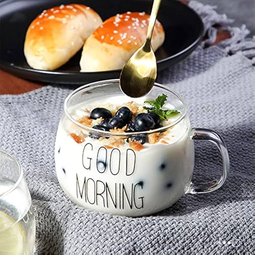 Good Morning Coffee Mug, 350 ml Glass for Tea, Breakfast, Juice