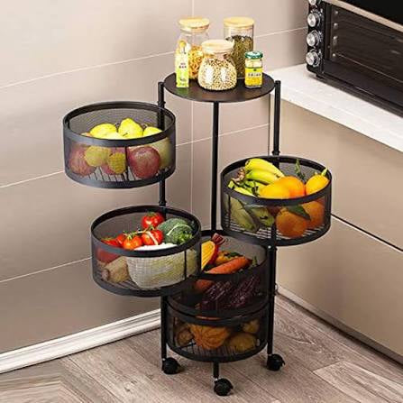 Kitchen Storage Rotating Rack in White- Premium Round Metal Trolley with 360°