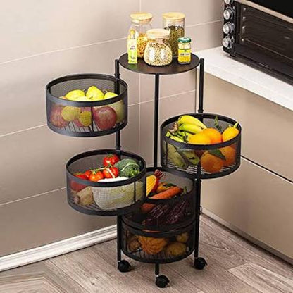 Kitchen Storage Rotating Rack in White- Premium Round Metal Trolley with 360°