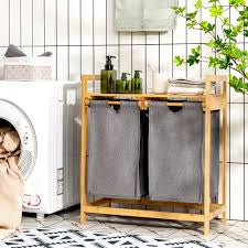 Wooden Grey Pull Out Double Laundry Basket With Shelf Brown