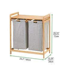 Wooden Grey Pull Out Double Laundry Basket With Shelf Brown