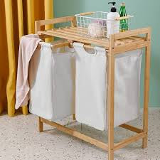 Wooden Grey Pull Out Double Laundry Basket With Shelf Brown