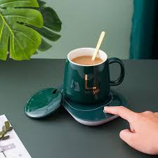 Electric Heating Cup Pad with Ceramic Mug, Lid & Spoon High Quality / Electric Heating Coffee Mug Warmer