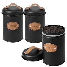 3-Piece Vintage Retro Metal Containers with Lids Coffee Tea Sugar Set Canister Black with Leather Handles