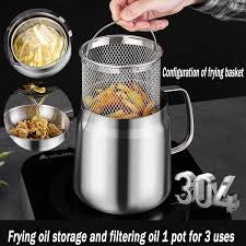 68oz 304 Stainless Steel Deep Fryer Pot with Basket & Strainer, Large Capacity Bacon Grease Container for Kitchen,Frying, Cooking, Camping,Oil Filter Container - Dishwasher Safe (68oz/2L/2.1Qt)